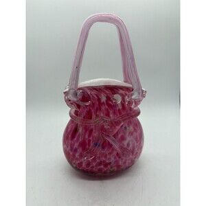 Catherine Glass Handbag Basket Vase Pink Magenta Confetti Spatter Art Glass